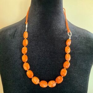Orange Marbled Resin Bead Statement Necklace Silver Tone Accents Cord Back Boho‎
